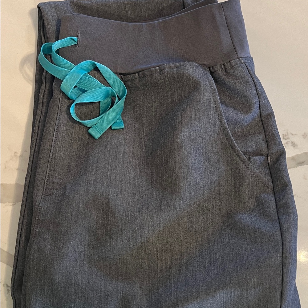 Figs Joggers in Charcoal grey with Aqua Tie medium tall
